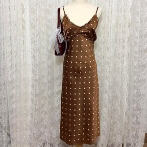 Brown & White Polka Dot Satin Slip Dress Midi Womens‎ Large Preppy Chic